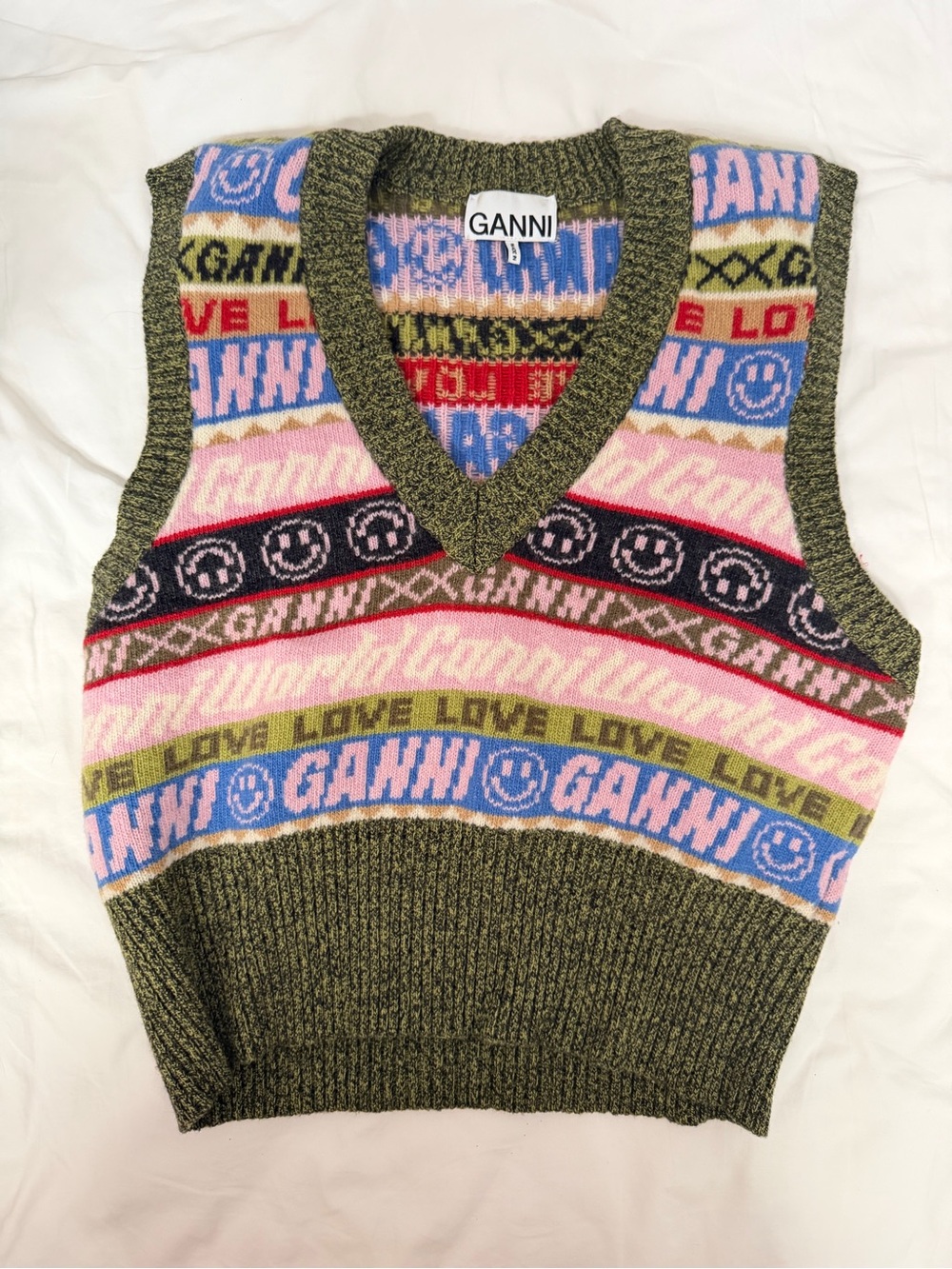 Ganni Olive Multi-Color Smiley Stripe V-Neck Sweater Vest